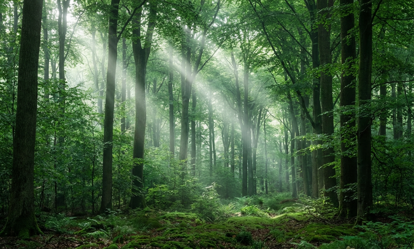 Sunlight streaming through a lush green forest — a reflection of our commitment to sustainability